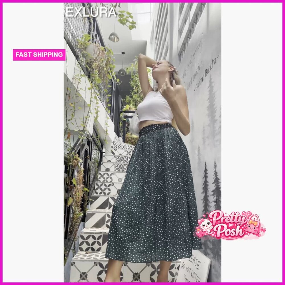 High Waist Polka Dot Pleated Maxi Midi Skirt with Pockets - Picture 7 of 7